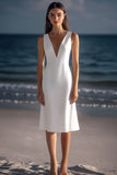 White V Neck Satin Sheath Knee Length Graduation Dress