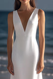 White V Neck Satin Sheath Knee Length Graduation Dress