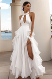 White A-Line Halter Ruffle Long Formal Dress with High Slit