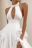 White A-Line Halter Ruffle Long Formal Dress with High Slit