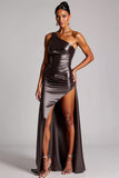 Dark Grey One Shoulder Long Satin Formal Dress with Slit