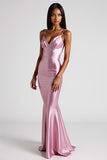 Spaghetti Straps Pink Mermaid Long Satin Formal Dress