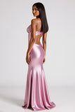 Spaghetti Straps Pink Mermaid Long Satin Formal Dress