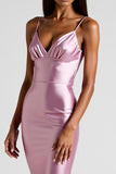 Spaghetti Straps Pink Mermaid Long Satin Formal Dress