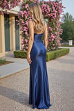 Navy Spaghetti Straps Sheath Ruched Satin Formal Dress