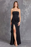 Black Strapless Ruffled Long Formal Dress with Slit