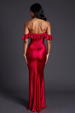 Red Ruffled Off the Shoulder Mermaid Long Formal Dress with Slit