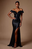 Sparkly Black Off the Shoulder Sequin Long Formal Dress with Slit