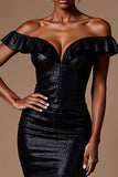 Sparkly Black Off the Shoulder Sequin Long Formal Dress with Slit