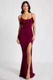 Burgundy Spaghetti Straps Mermaid Crepe Long Formal Dress with Slit