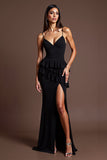 Spaghetti Straps Black Ruffled Long Formal Dress with Slit