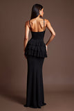 Spaghetti Straps Black Ruffled Long Formal Dress with Slit