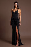 Spaghetti Straps Black Ruffled Long Formal Dress with Slit