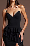 Spaghetti Straps Black Ruffled Long Formal Dress with Slit