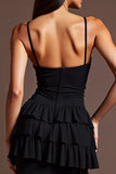 Spaghetti Straps Black Ruffled Long Formal Dress with Slit