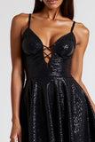 Sparkly Black Spaghetti Straps Short Cocktail Dress with Sequins