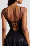Sparkly Black Spaghetti Straps Short Cocktail Dress with Sequins