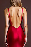 Red Spaghetti Straps Sheath Long Formal Dress with Slit