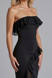 Black Off the Shoulder Ruffled Long Formal Dress with Slit