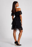 Black Off the Shoulder Tiered Short Chiffon Formal Dress