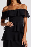 Black Off the Shoulder Tiered Short Chiffon Formal Dress