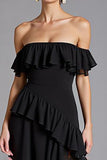 Black Off the Shoulder Ruffled Chiffon Long Formal Dress with Slit