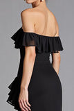 Black Off the Shoulder Ruffled Chiffon Long Formal Dress with Slit