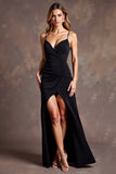 Spaghetti Straps Black Long Formal Dress with Slit
