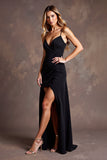 Spaghetti Straps Black Long Formal Dress with Slit