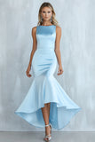 Sky Blue Mermaid Round Neck Satin Formal Dress