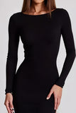 Matte Satin Black Boat Neck Sheath Long Sleeves Formal Dress with Slit