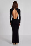 Matte Satin Black Boat Neck Sheath Long Sleeves Formal Dress with Slit