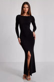 Matte Satin Black Boat Neck Sheath Long Sleeves Formal Dress with Slit