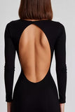Matte Satin Black Boat Neck Sheath Long Sleeves Formal Dress with Slit