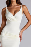 Ivory V-Neck Matte Satin Ruched Formal Dress with Slit