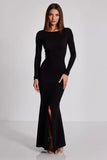 Matte Satin Black Boat Neck Sheath Long Sleeves Formal Dress with Slit