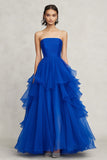 Chiffon Royal Blue Strapless Ruffled A Line Formal Dress