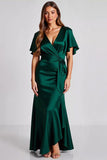 Dark Green Satin Short Sleeves V Neck A Line Formal Dress