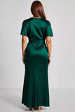 Dark Green Satin Short Sleeves V Neck A Line Formal Dress
