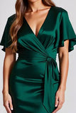 Dark Green Satin Short Sleeves V Neck A Line Formal Dress