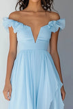 Off the Shoulder Sky Blue Chiffon Ruffled A Line Formal Dress