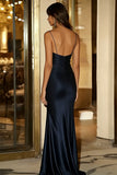 Navy Satin Spaghetti Straps Mermaid Long Formal Dress