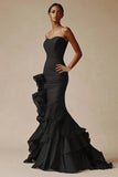 Black Strapless Organza Saitn Ruched Ruffled Mermaid Formal Dress