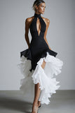 Halter Black White Cut Out Ruffles Formal Dress