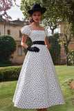 White A Line Satin Wedding Guest Dress with Black Dots