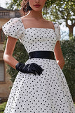 White A Line Satin Wedding Guest Dress with Black Dots