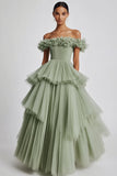 Dusty Sage Off The Shoulder A Line Ruffles Prom Dress