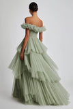 Dusty Sage Off The Shoulder A Line Ruffles Prom Dress
