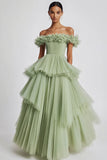 Dusty Sage Off The Shoulder A Line Ruffles Prom Dress