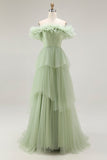 Dusty Sage Off The Shoulder A Line Ruffles Prom Dress